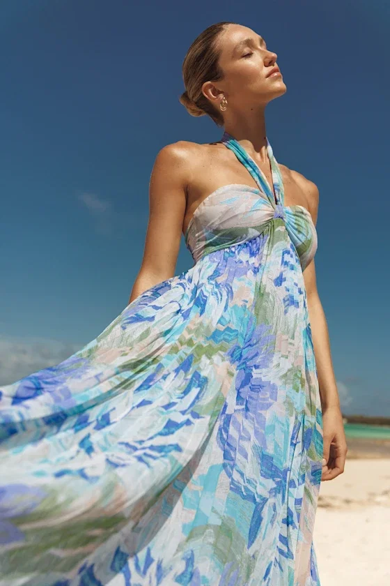 Image of Aminah Blue Multi Floral Pleated Halter Midi Dress