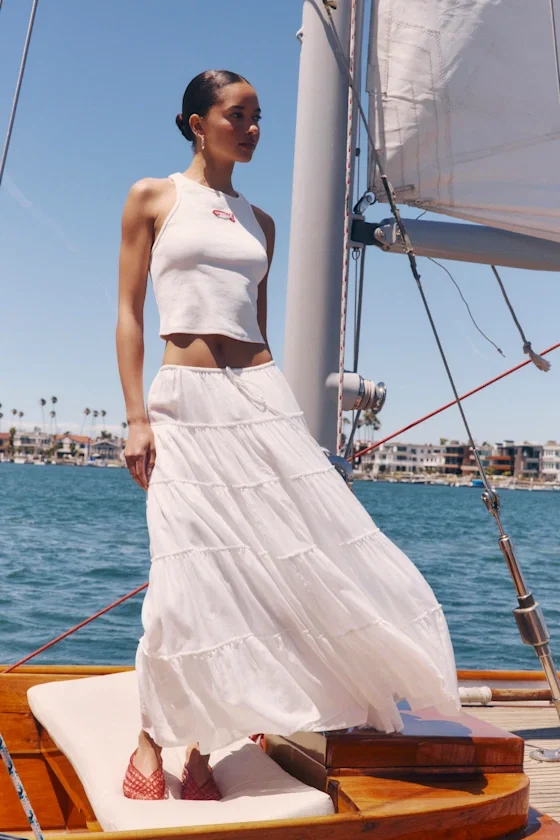 Image of Relaxed Charm White Gauzy Tiered Drawstring Maxi Skirt