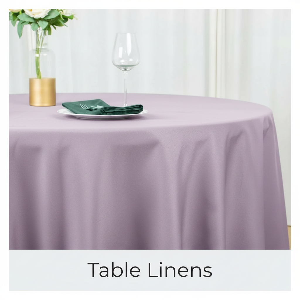 A round table covered with a lavender tablecloth, set with a plate, napkin, and wine glass.