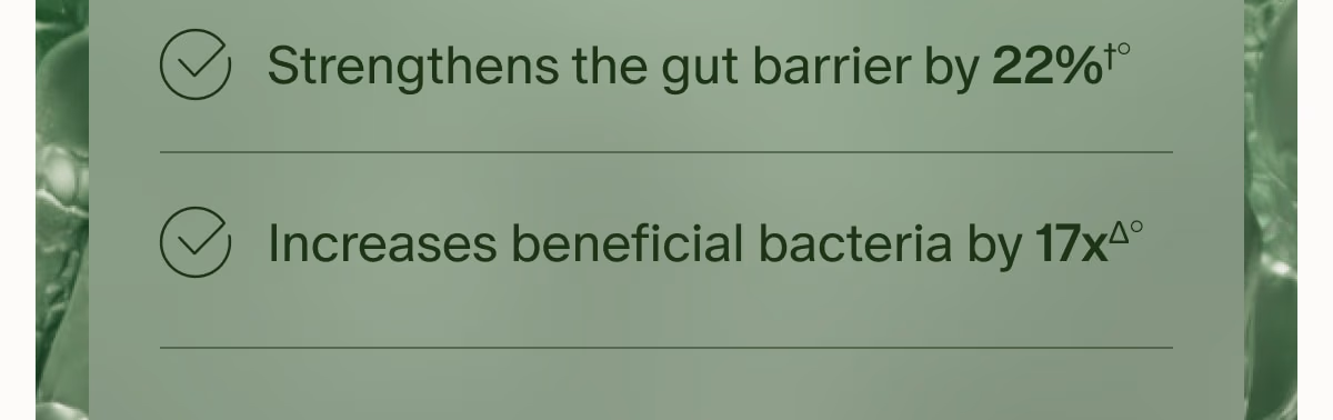 Strengthens the gut barrier by 22%†° | Increases beneficial bacteria by 17xΔ°