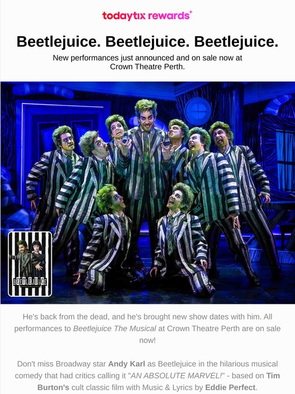 New Beetlejuice shows announced - all shows on sale now! 🪲🧃