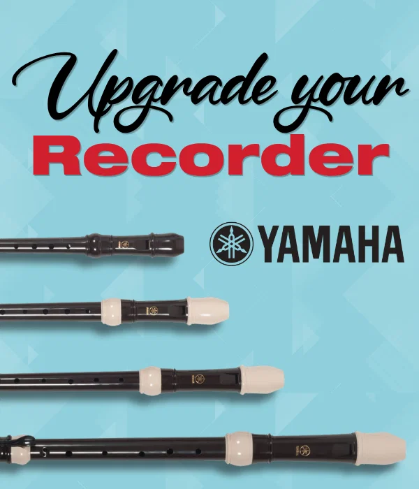 “Upgrade your Recorder Yamaha” with four Yamaha recorders shown on a light blue background.