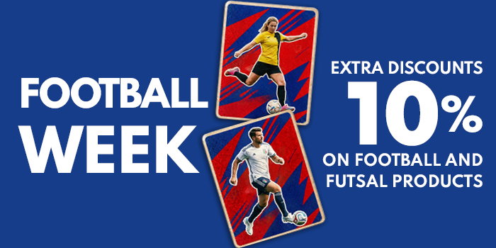 Football Week banner with male and female players on cards and text 'Extra discounts 10% on football and futsal products'