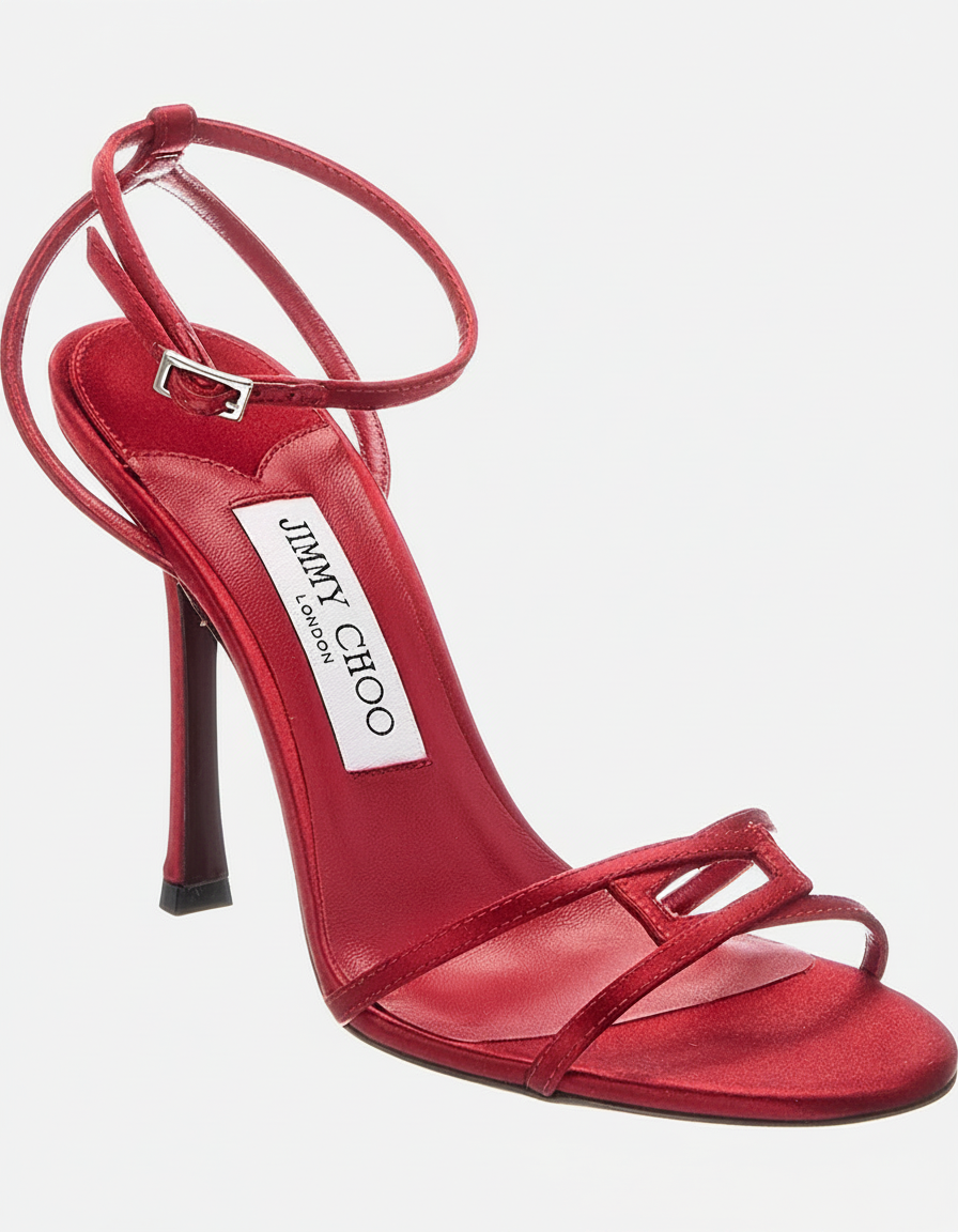 A red Jimmy Choo sandal with thin straps and an ankle buckle.