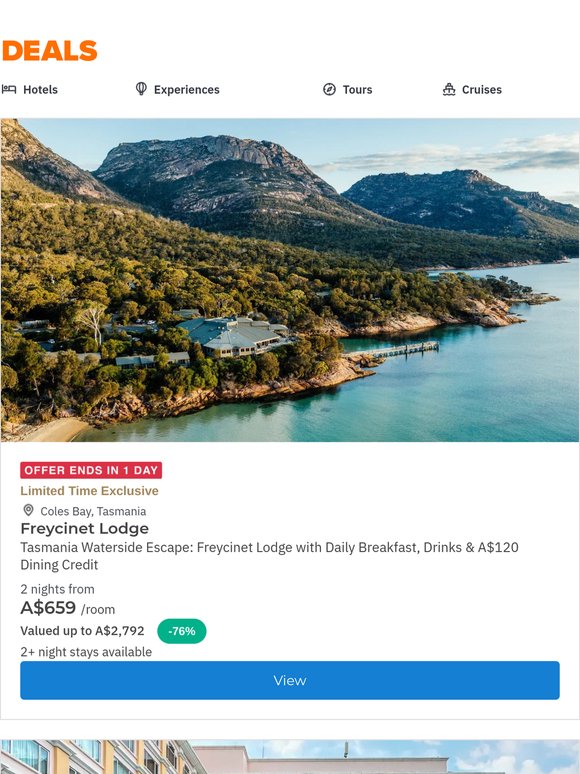 Tasmania Waterside Lodge in Freycinet National Park w. Daily Breakfast & Nightly Drinks