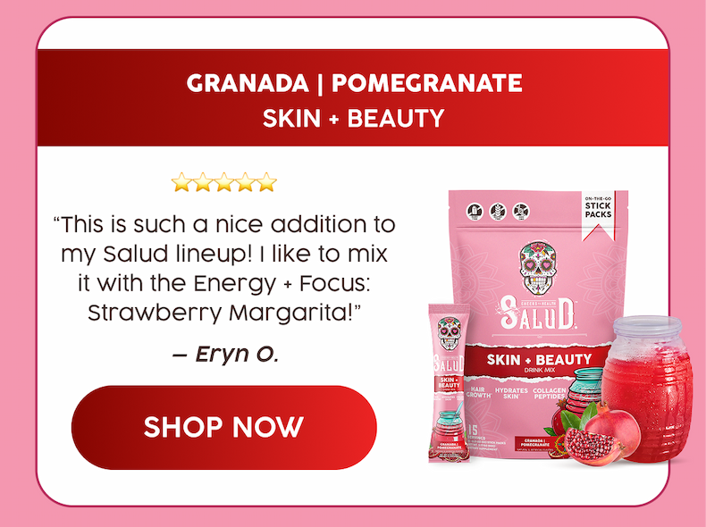 Granada | Pomegranate | Skin + beauty | "This is such a nice addition to my Salud lineup! I like to mix it with the Energy + Focus: Strawberry Margarita!" - Eryn O. | Shop Now