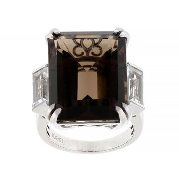 Smoky Quartz Rhodium Over Sterling Silver Ring 21.62ctw