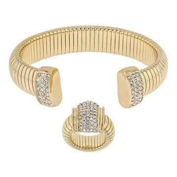 White Crystal Gold Tone Tubogas Style Cuff Bracelet & Ring Set