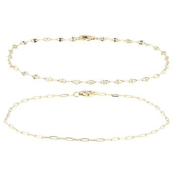 18k Yellow Gold Over Sterling Silver 2.5mm Mirror and Paperclip 7.25\" Bracelet Set of 2