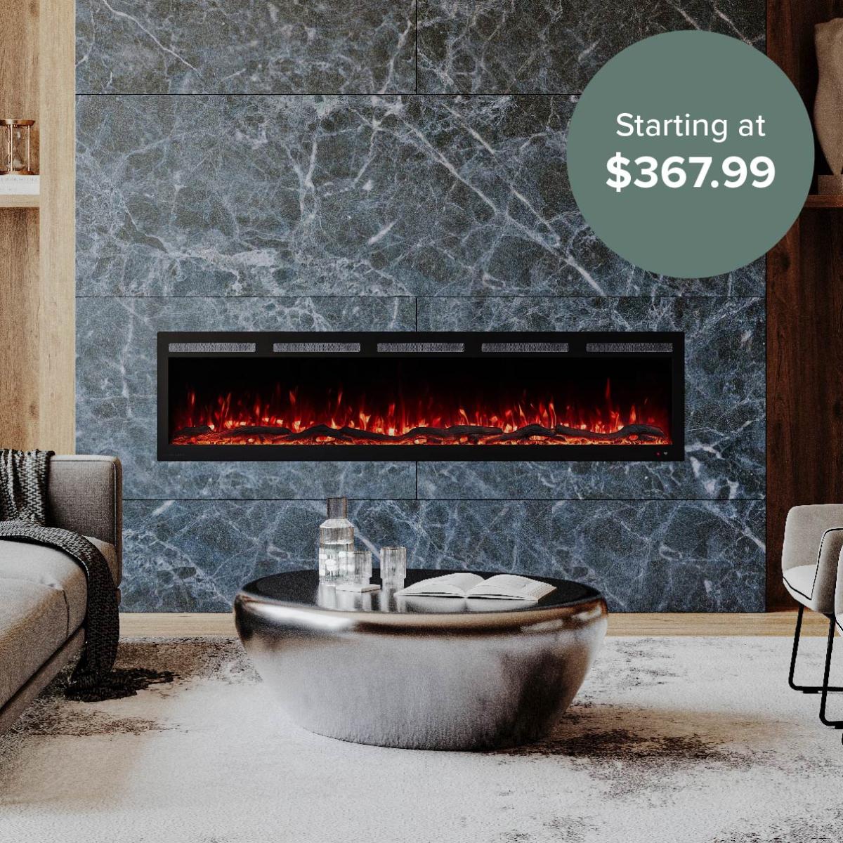 Modern living room with electric fireplace.