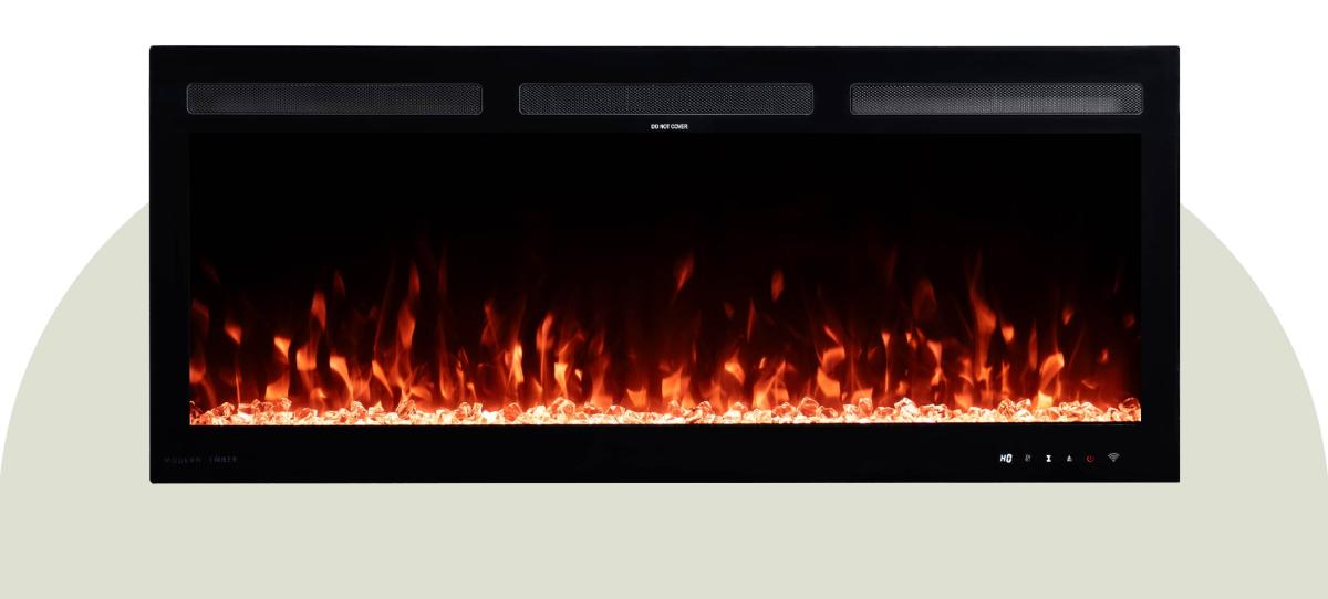 Electric fireplace with glowing flames.