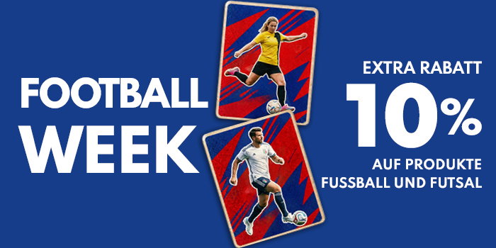 Promotional banner: 'Football Week' with female and male football players and text 'Extra 10% off football and futsal products'