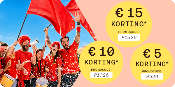 €5, €10 en €15 korting met codes F526, P1026 en P1526, knop “Bestel nu”.