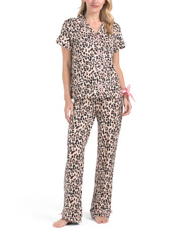 2Pc Leopard Bow Pajama Set, Polyester