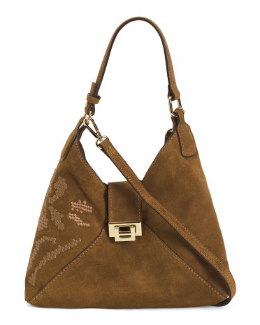 Suede Embroidered Mini Hobo For Women, Gold/Suede