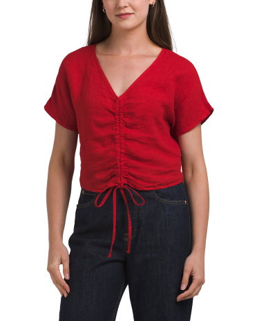 Linen Cropped Short Sleeve Drawstring Shirt For Women