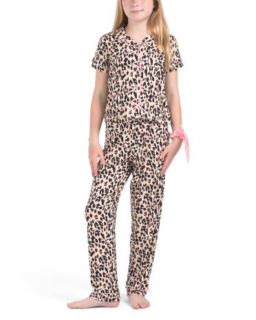 Girls 2Pc Leopard Bow Pajama Set, Polyester