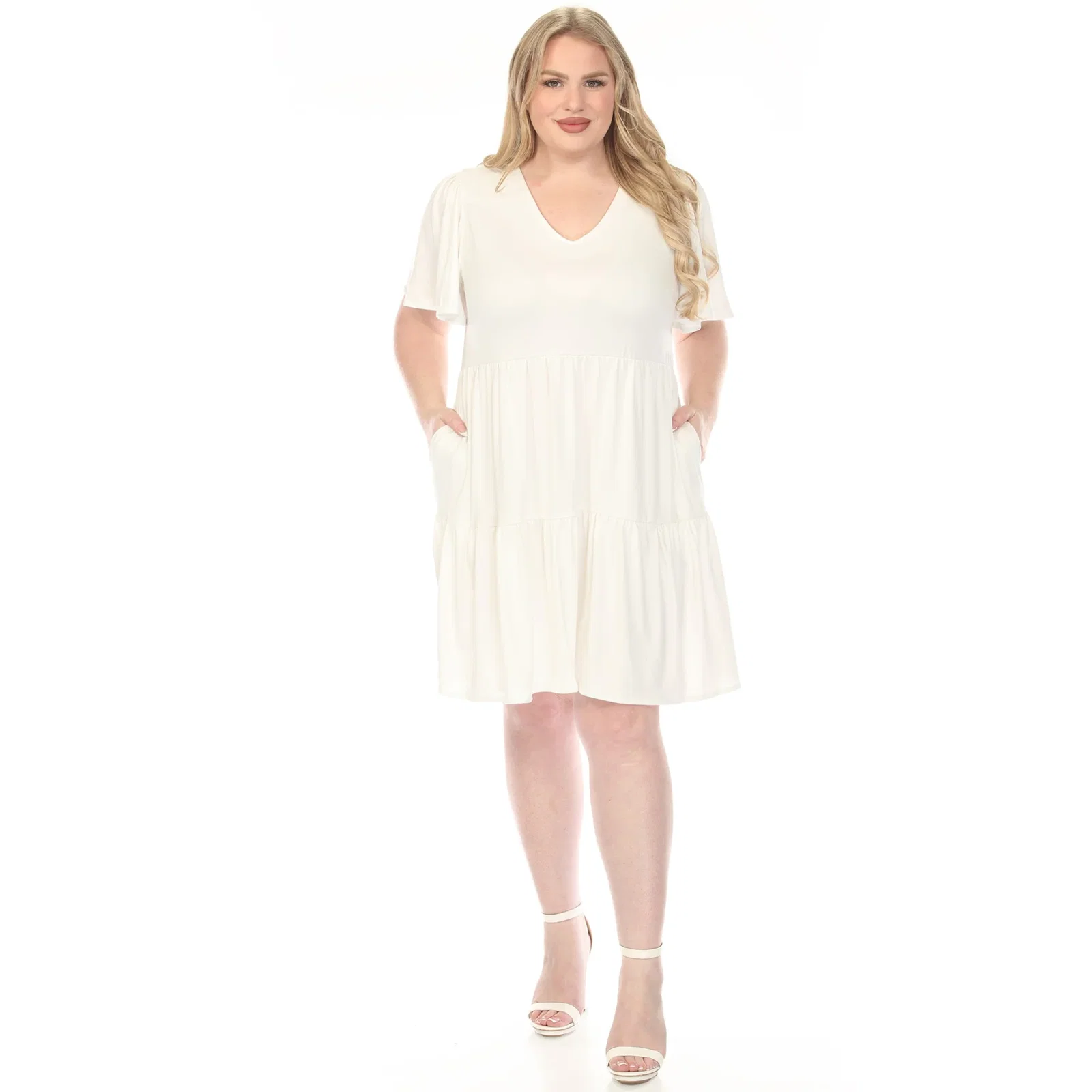 Image of Women's  V-Neck Short Sleeve Dress - Off White - Plus