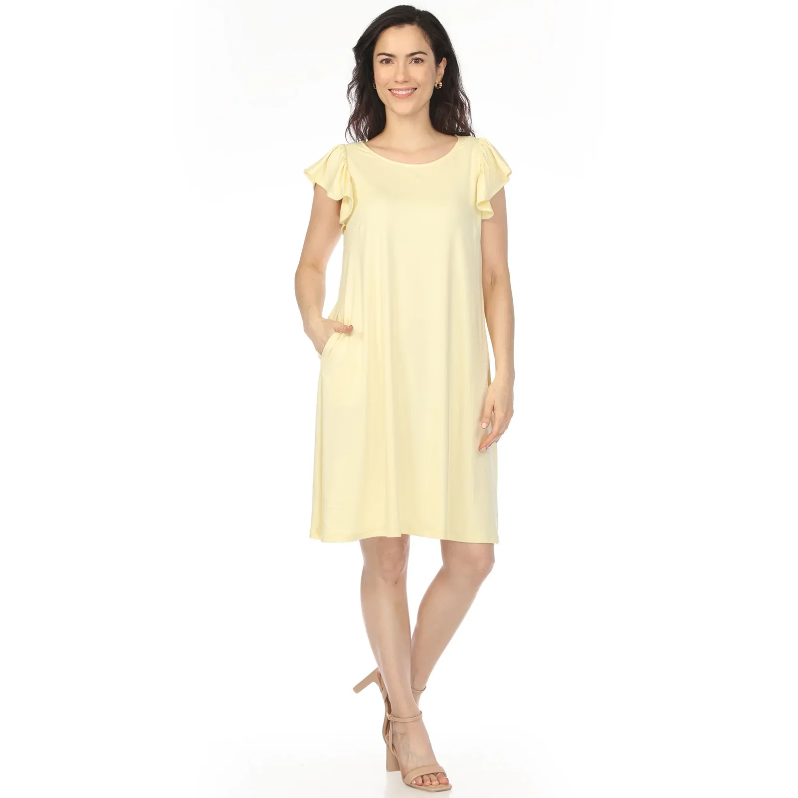 Image of Women's Crew Neck Ruffle Sleeve Dress - Yellow