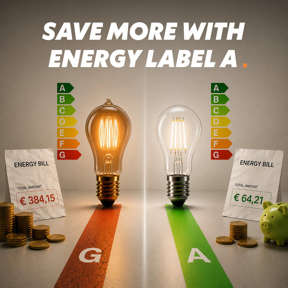 Banner with LED lights and electricity bills: “Save money with energy efficiency class A”