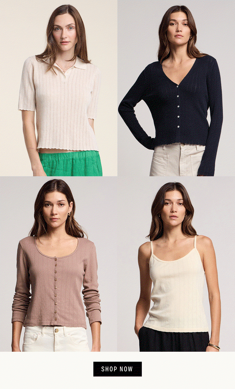 GIF Image shows a series of models wearing the Danae Top in Muslin, Ottilie Top in Navy, Zelda Top in White and Tree, and Lynn Top in Candle.