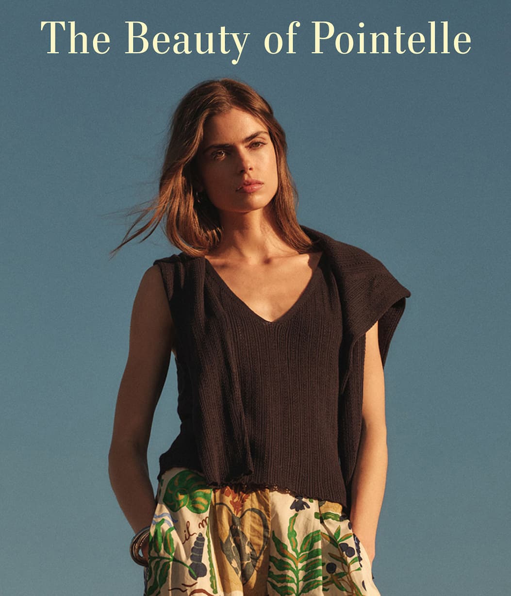 Image shows model wearing the Lorena Top in Navy.Text reads: The Beauty of Pointelle