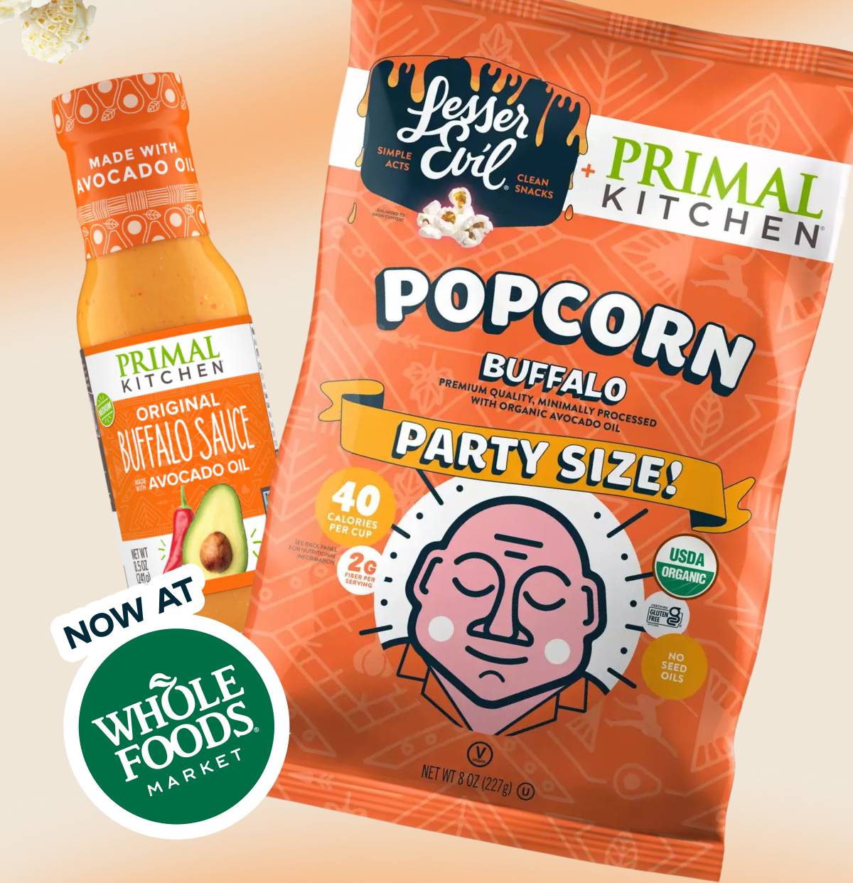Lesser Evil + Primal Kitchen Party Size Buffalo Popcorn Now at Whole Foods Market