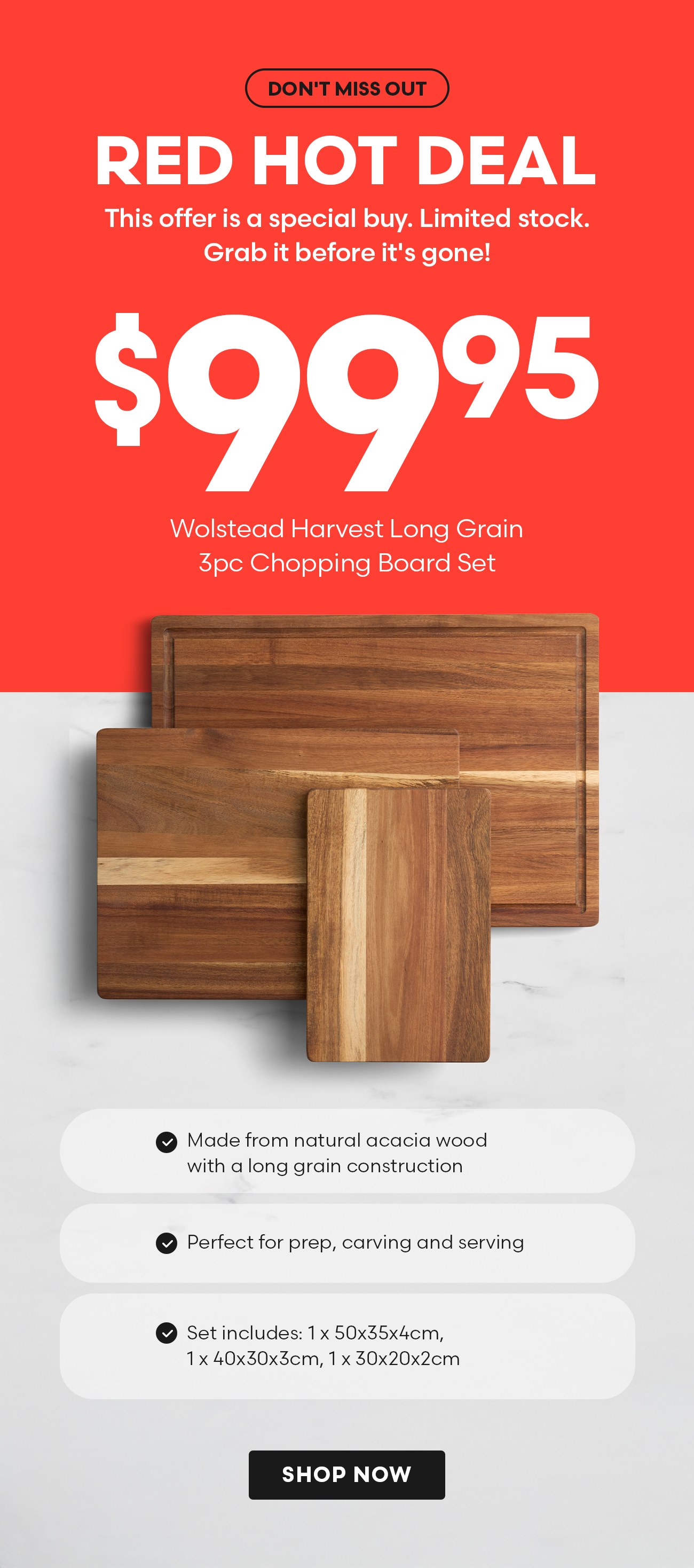 Wolstead Harvest Long Grain 3pc Chopping Board Set