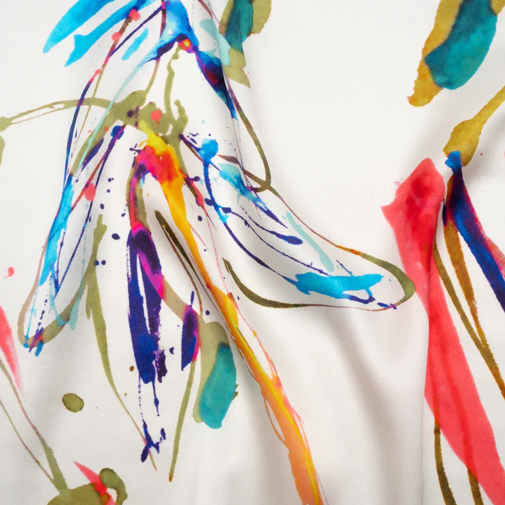 Image of Silk Charmeuse Print - White and Rainbow Paint Streaks and Splatters - Made in Italy