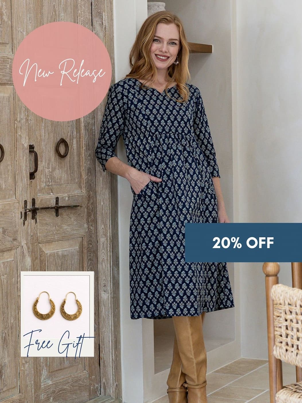 woman in blue and white maxi dress on country pathway