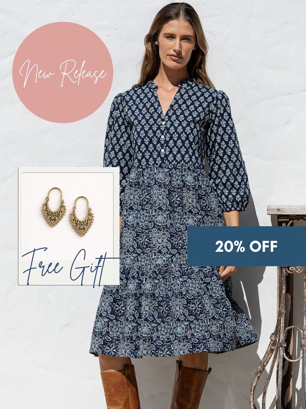 woman in blue and white maxi dress on country pathway