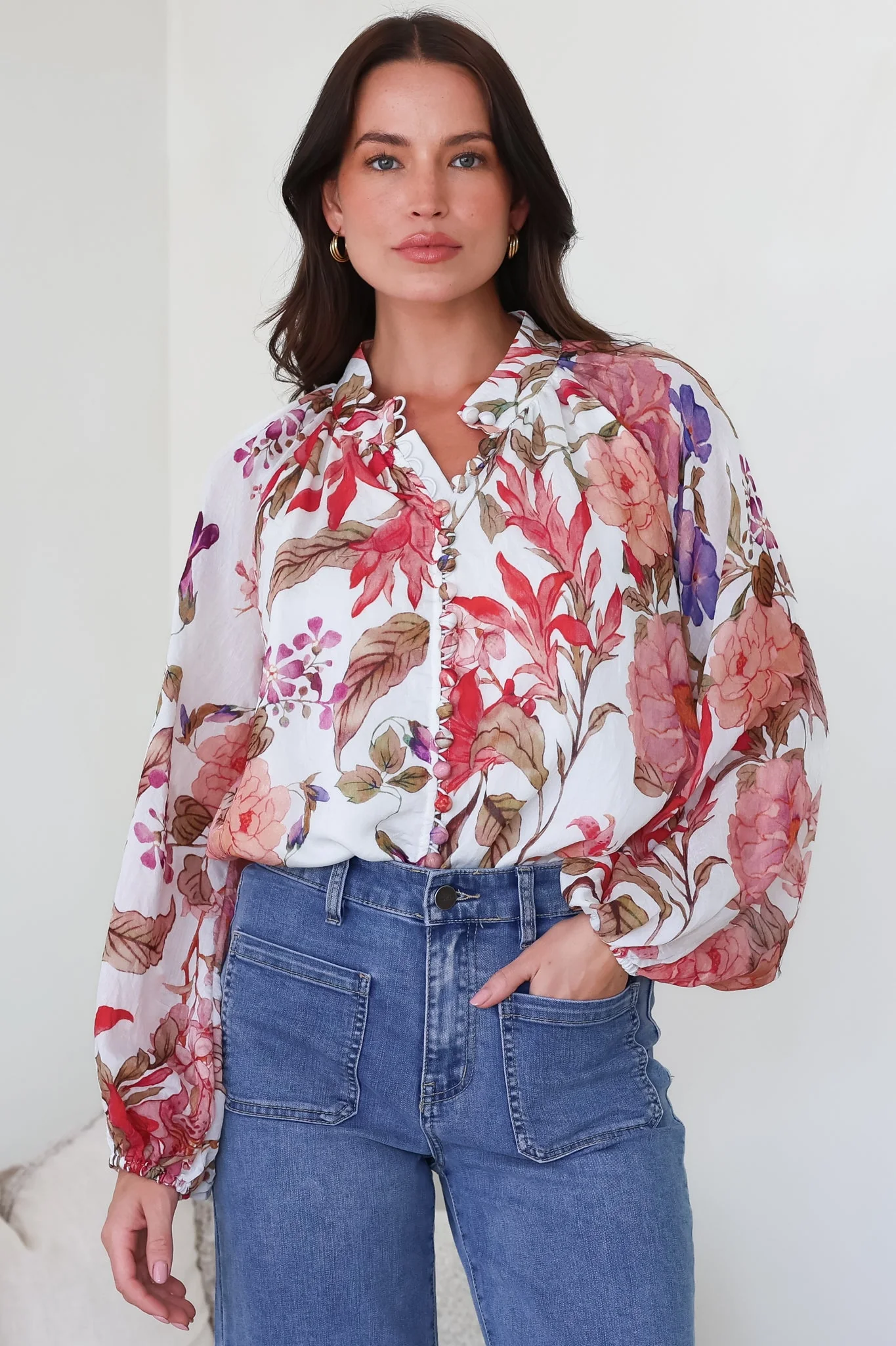 Image of Portia Blouse - Button Down Mandarin Collar Shirt in Windward Print