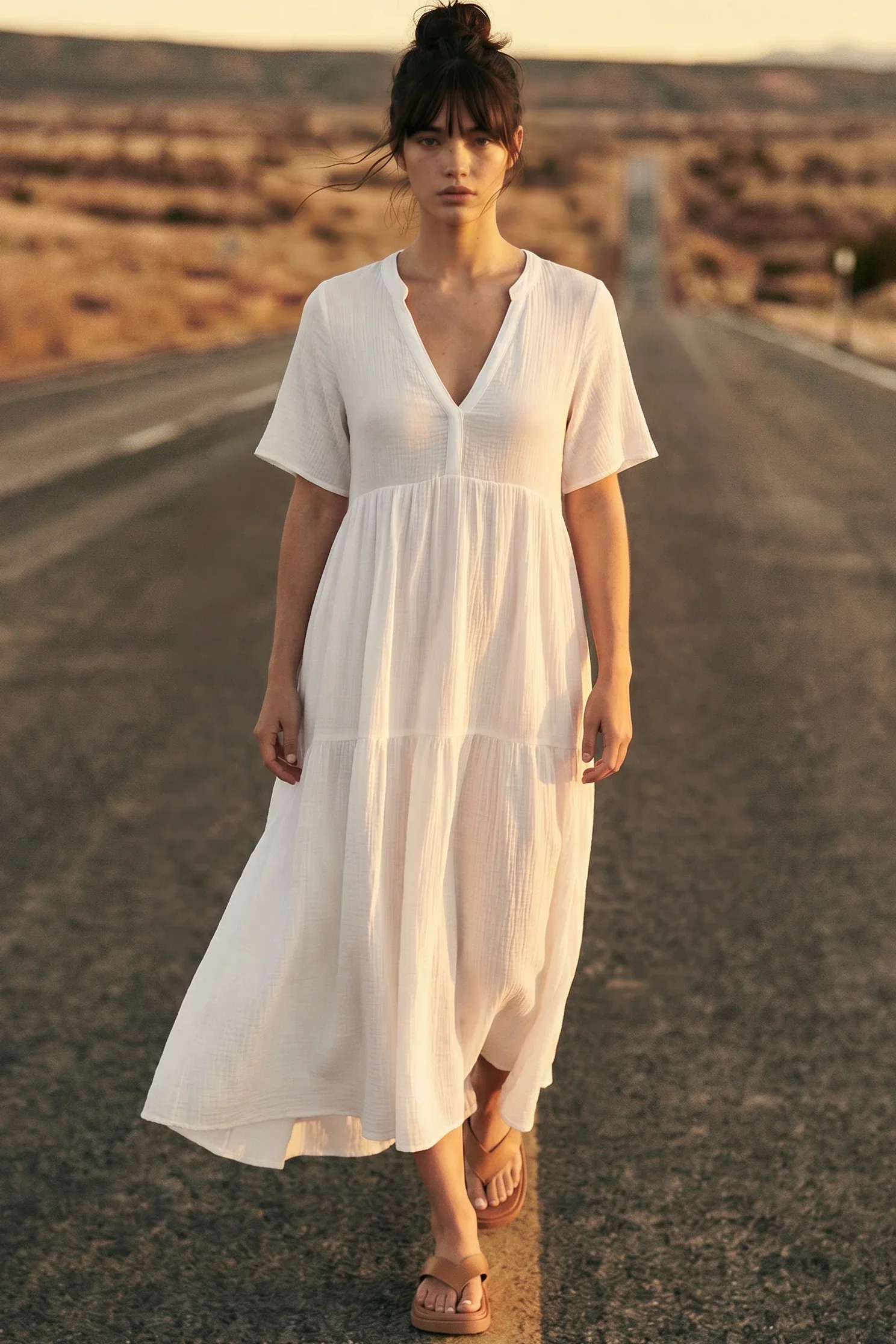 Image of Laysa Maxi Dress - Mandarin Collar Short Sleeve Dress in White