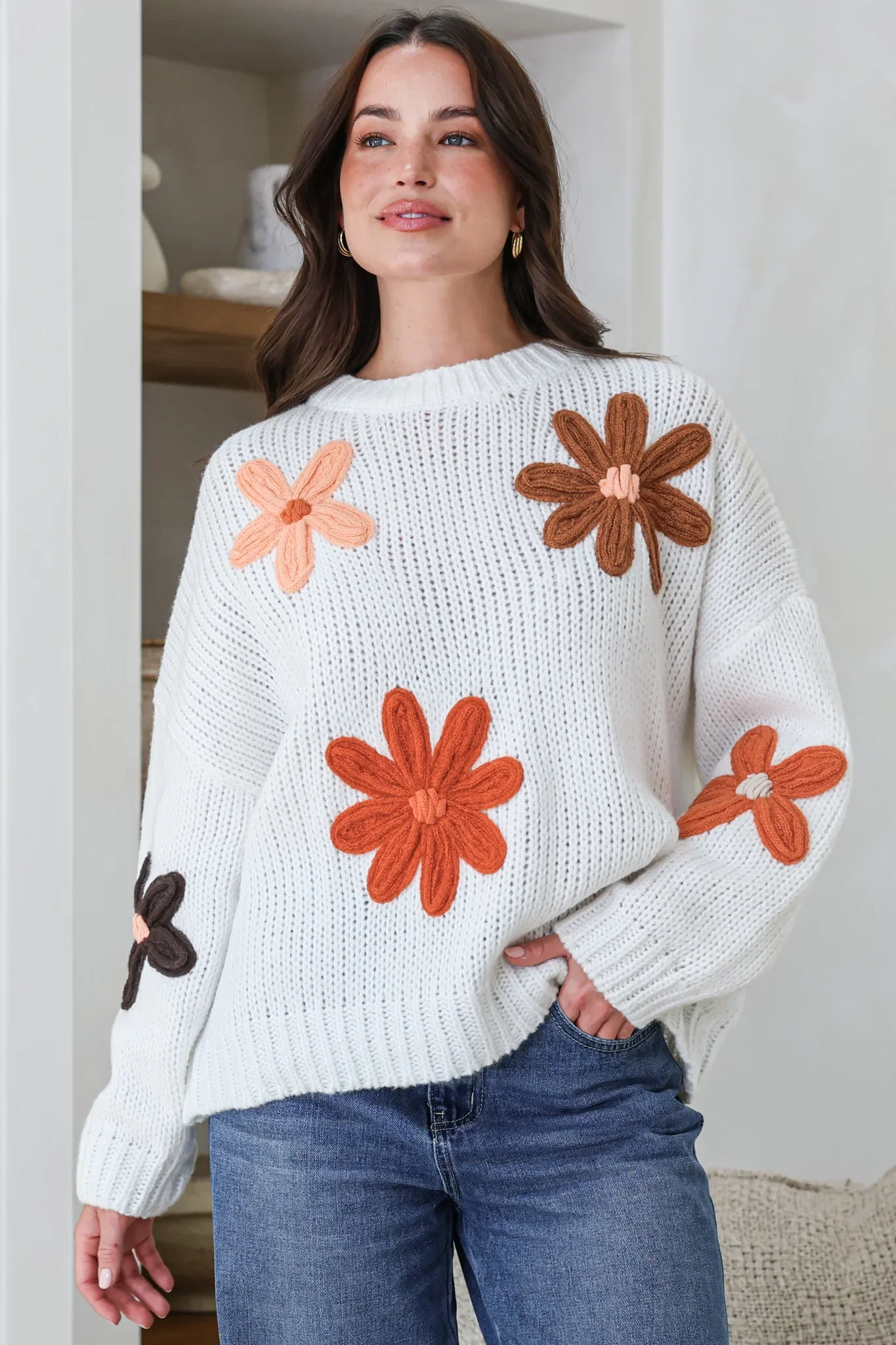 Image of Wildflower Jumper - Chunky Knit Jumper with Flower Decals in White Multi