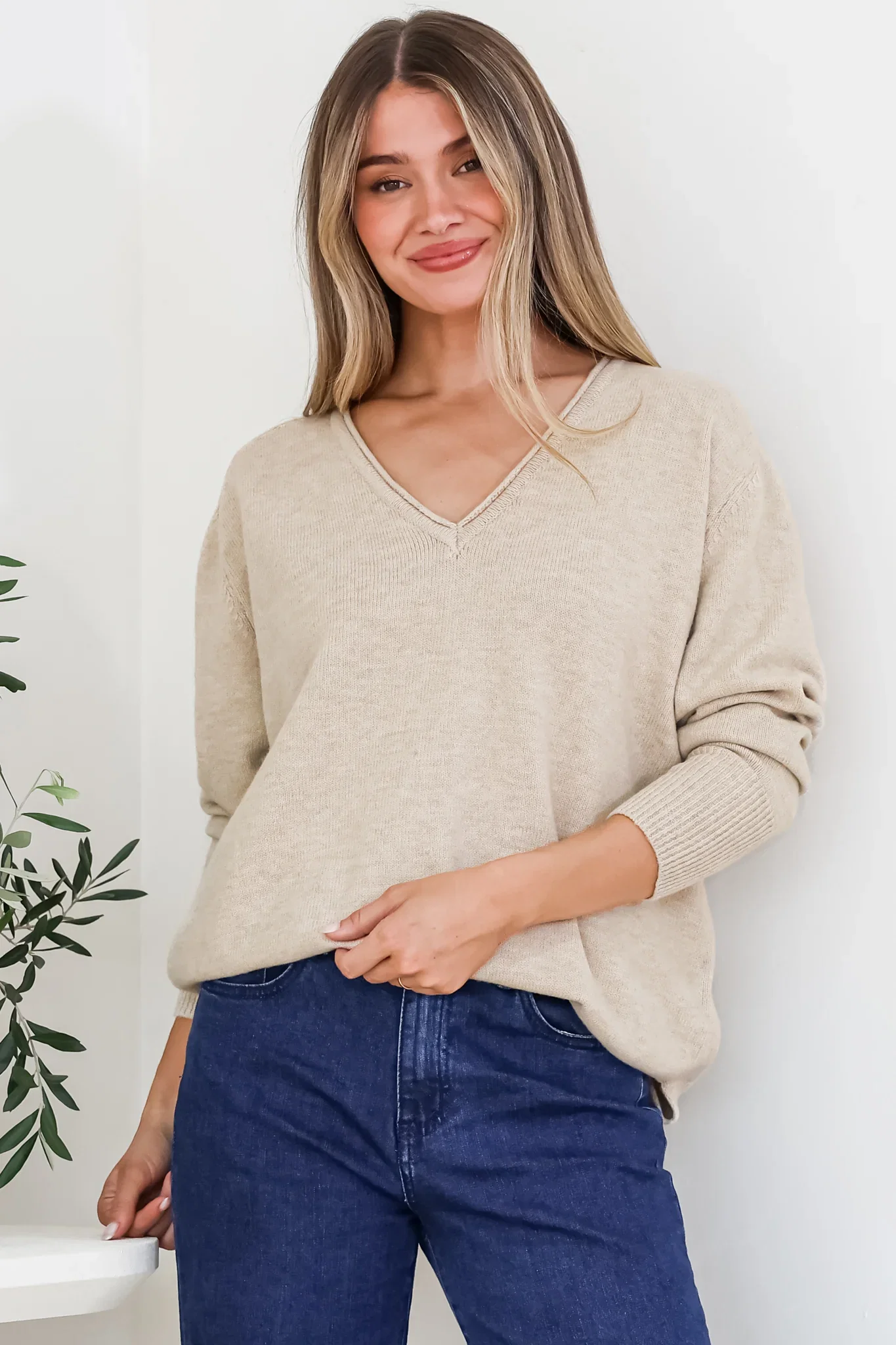 Image of Clarke Jumper - V-Neck Batwing Sleeve Ribbed Step Hemline Knit in Camel