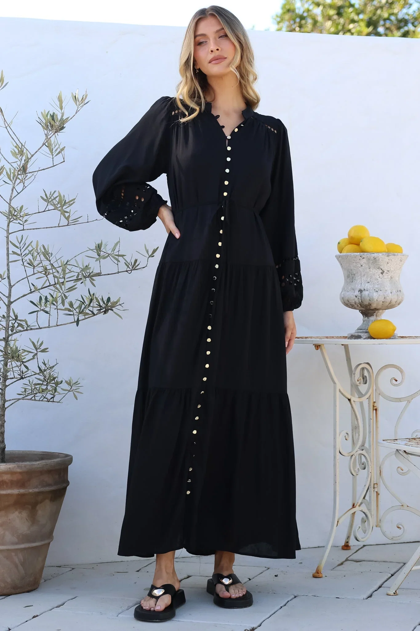 Image of Alyce Maxi Dress - Mandarin Collar Button Down with Detachable Waist Tie in Black