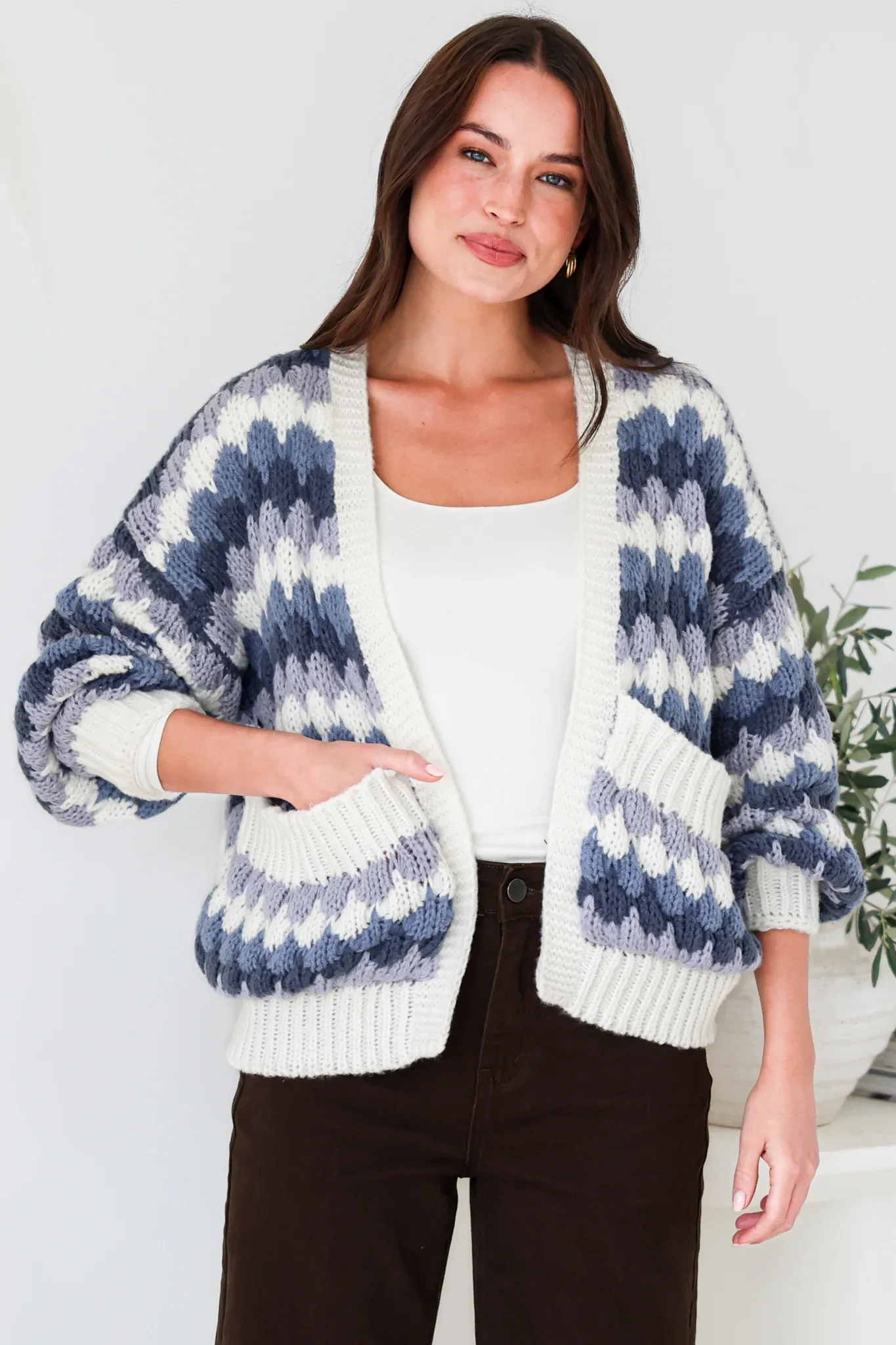 Image of Gianni Cardigan - Open Bubble Knit with Pockets and Rib Knit Trims in Blue