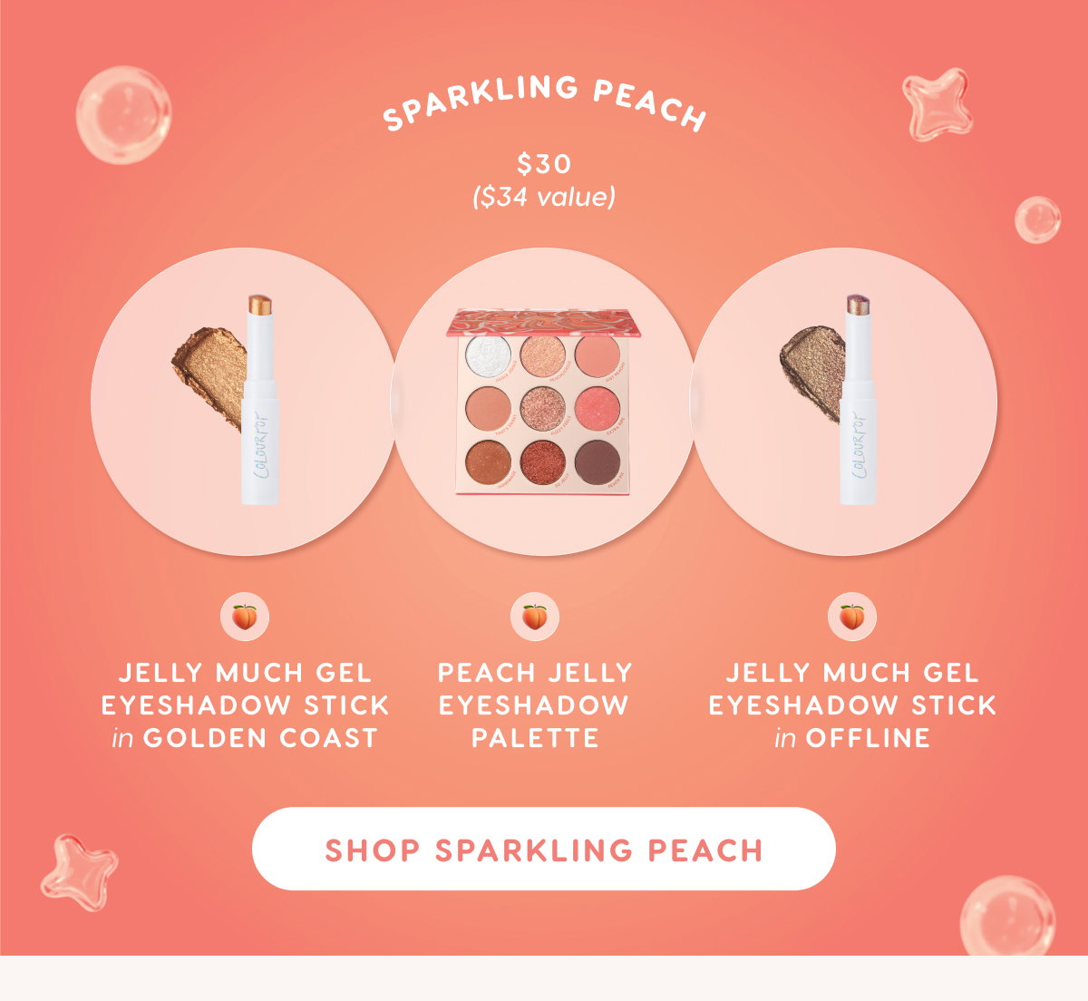 Shop Sparkling Peach bundle. Includes: Jelly Much Gel Eyeshadow Sticks in Golden Coast and Offline, plus Peach Jelly Eyeshadow Palette