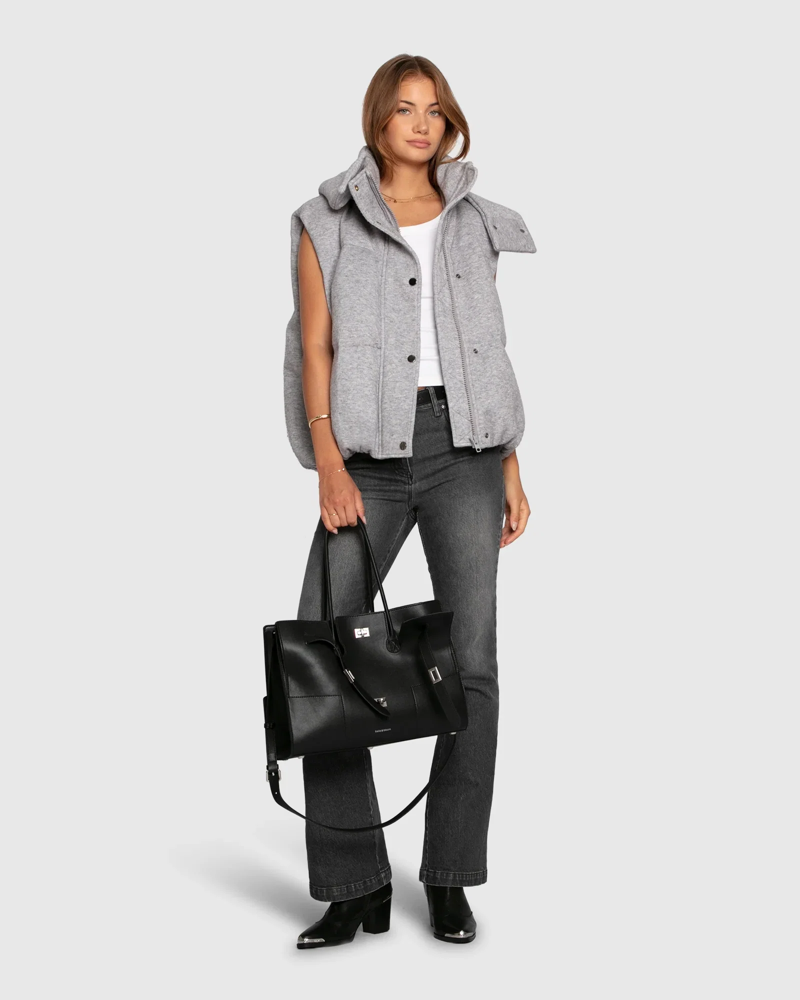 Image of Golden Hour Hooded Puffer Vest - Grey Melange