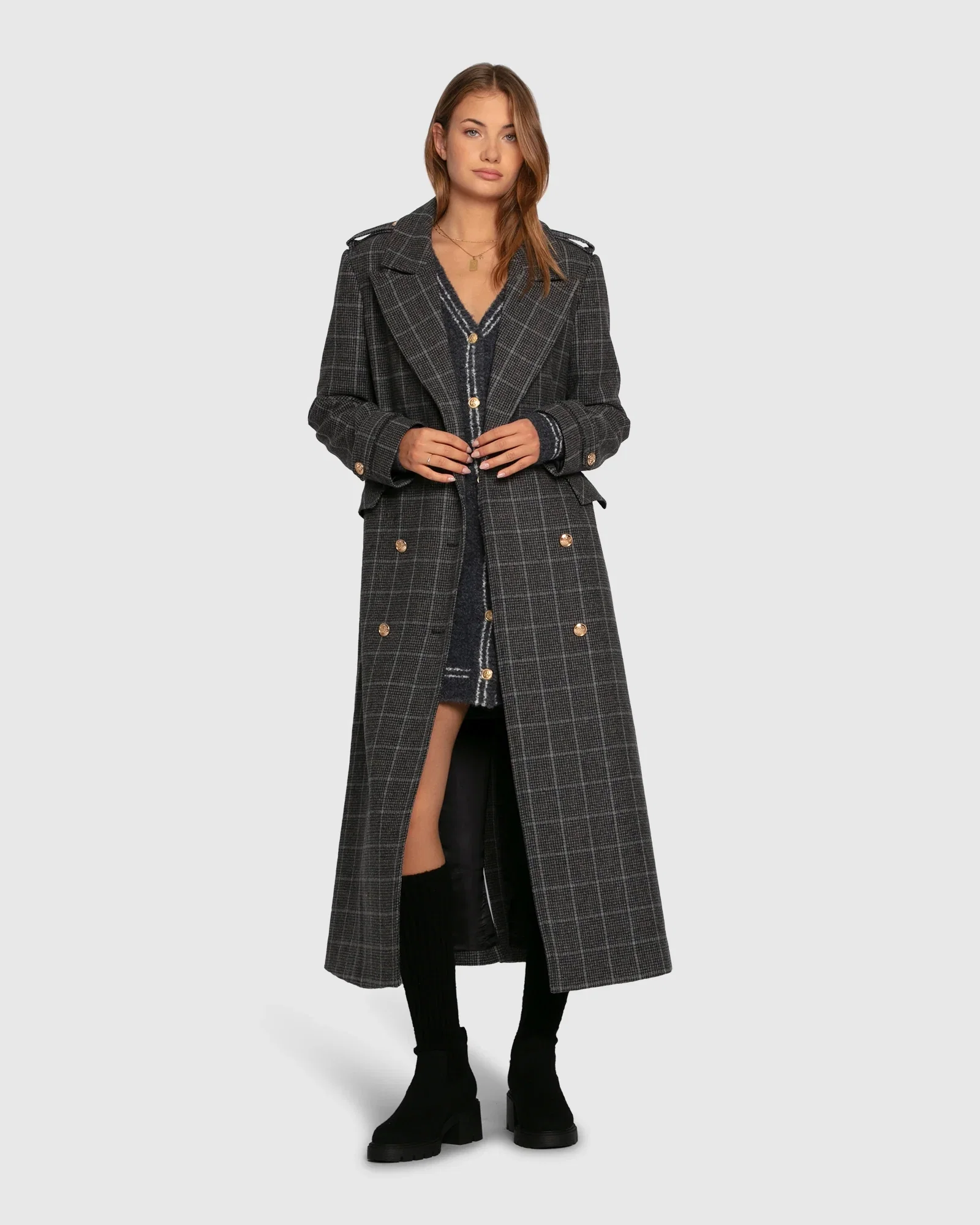 Image of Command Wool Blend Double Breast Maxi Coat - Check