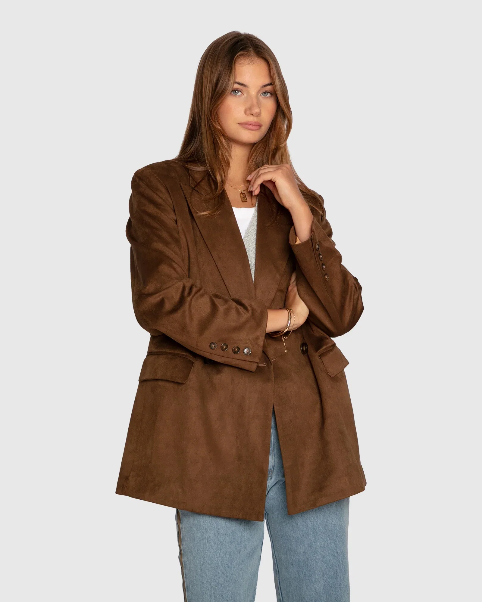 Image of Charmer Faux Suede Blazer -  Brown