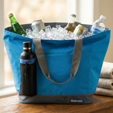 BlueWave jumbo insulated tote bag with a spacious design for carrying food, drinks, picnic items, groceries, and beach essentials.