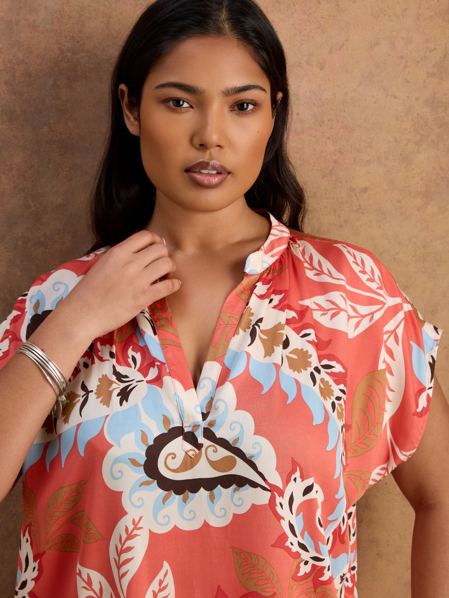 Petite Coral Paisley Print Short Sleeve Top