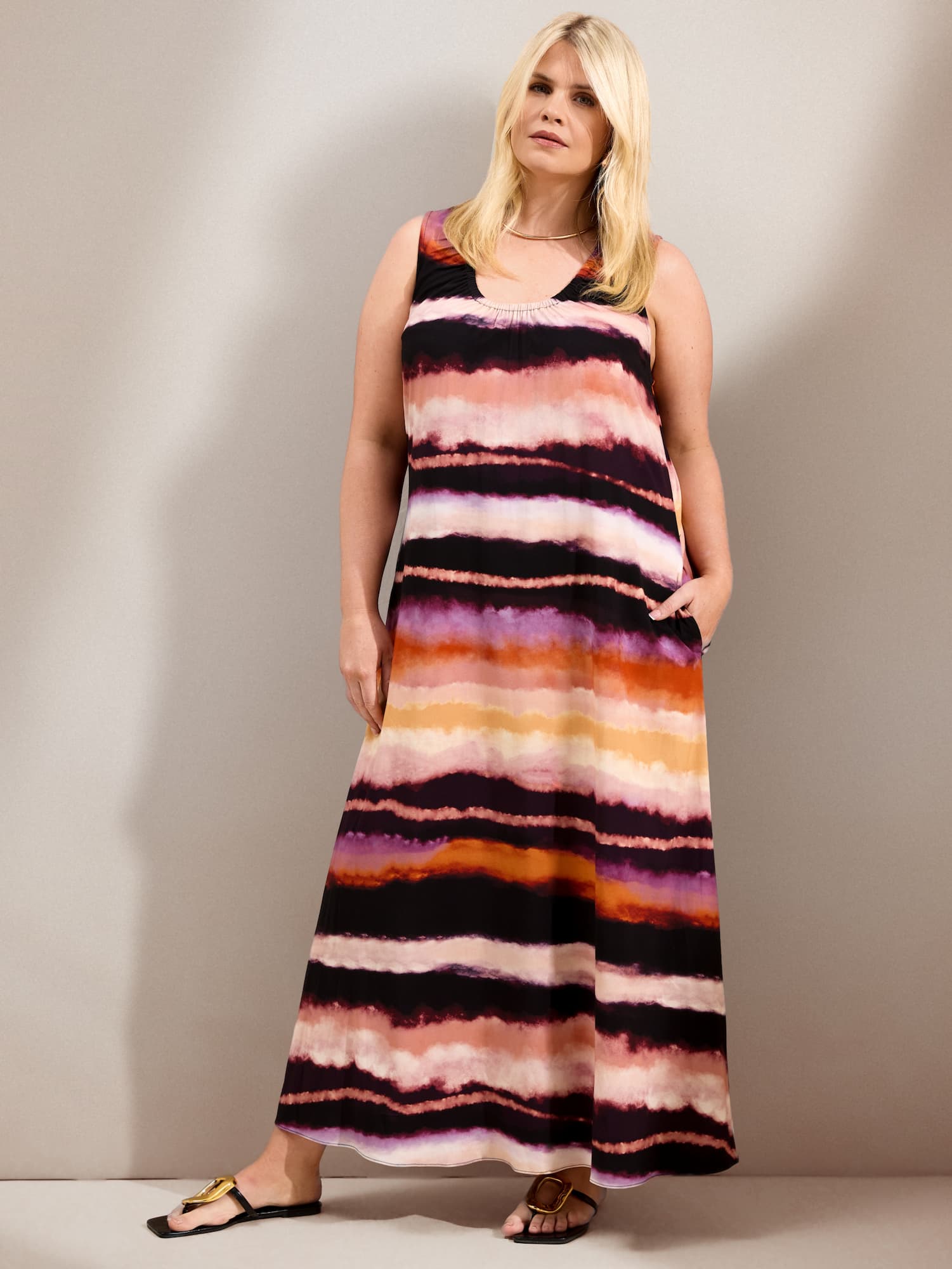 Abstract Multi Stripe Scoop Neck Maxi Dress