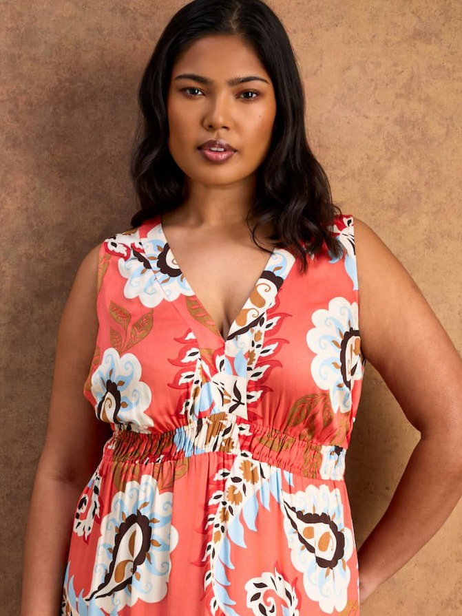 Coral Paisley Print Tiered Maxi Dress