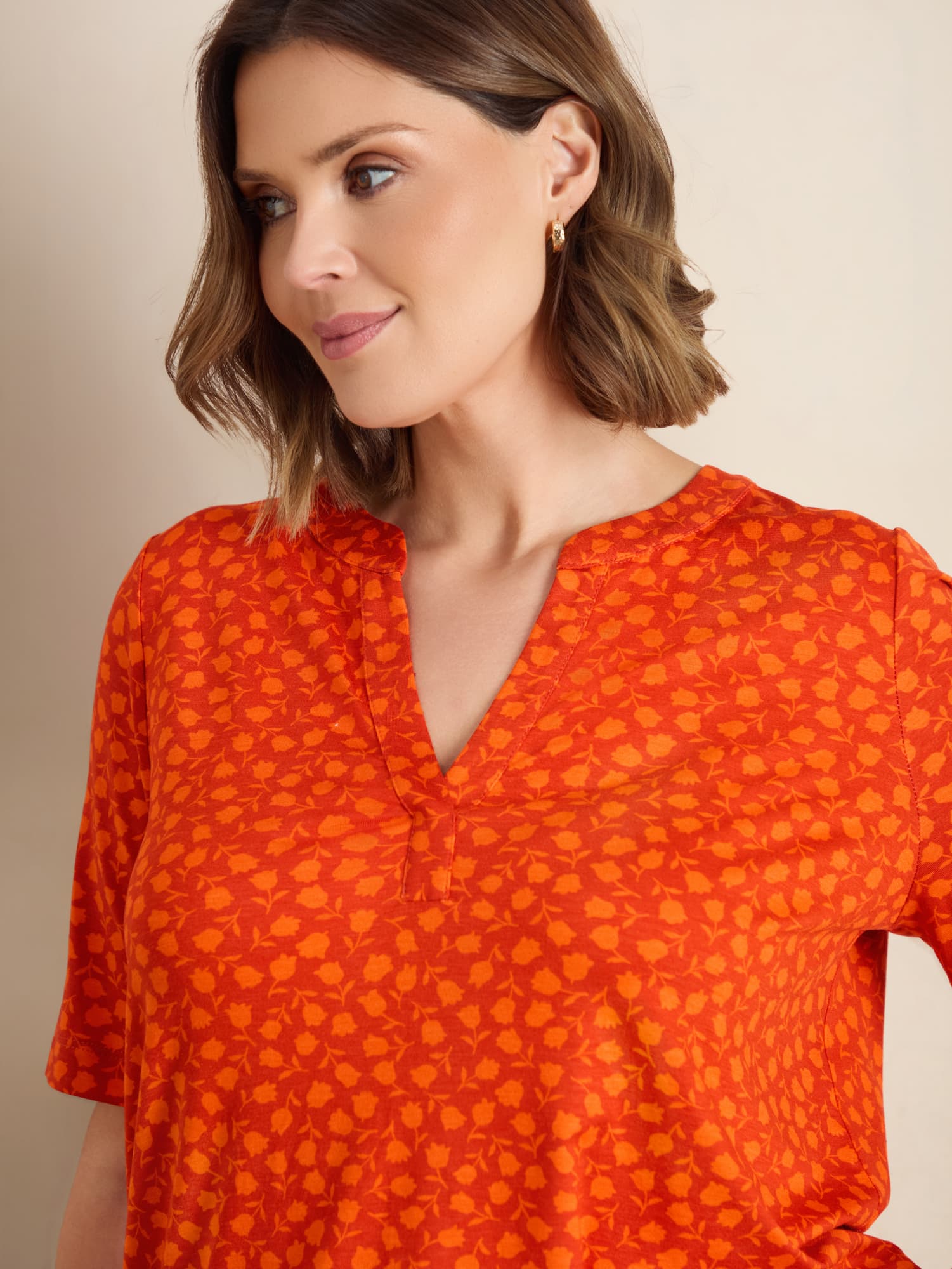 Orange Floral Print Nehru Collar Short Sleeve Jersey Top
