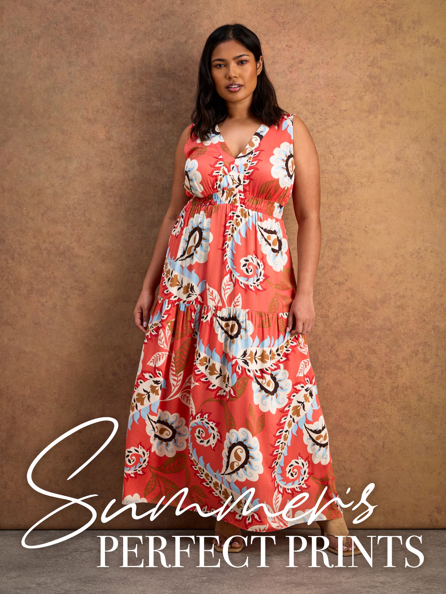 Coral Paisley Print Tiered Maxi Dress