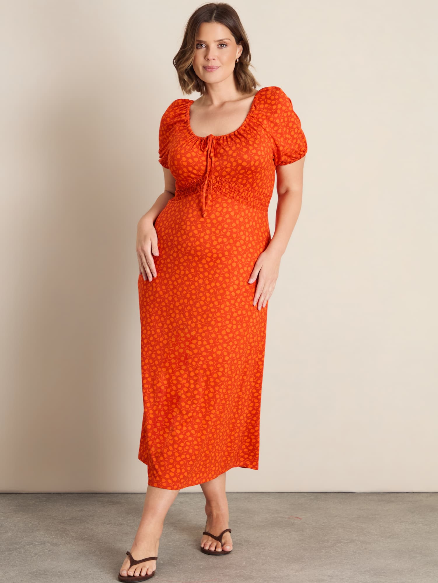 Orange Floral Print Nehru Collar Short Sleeve Jersey Top
