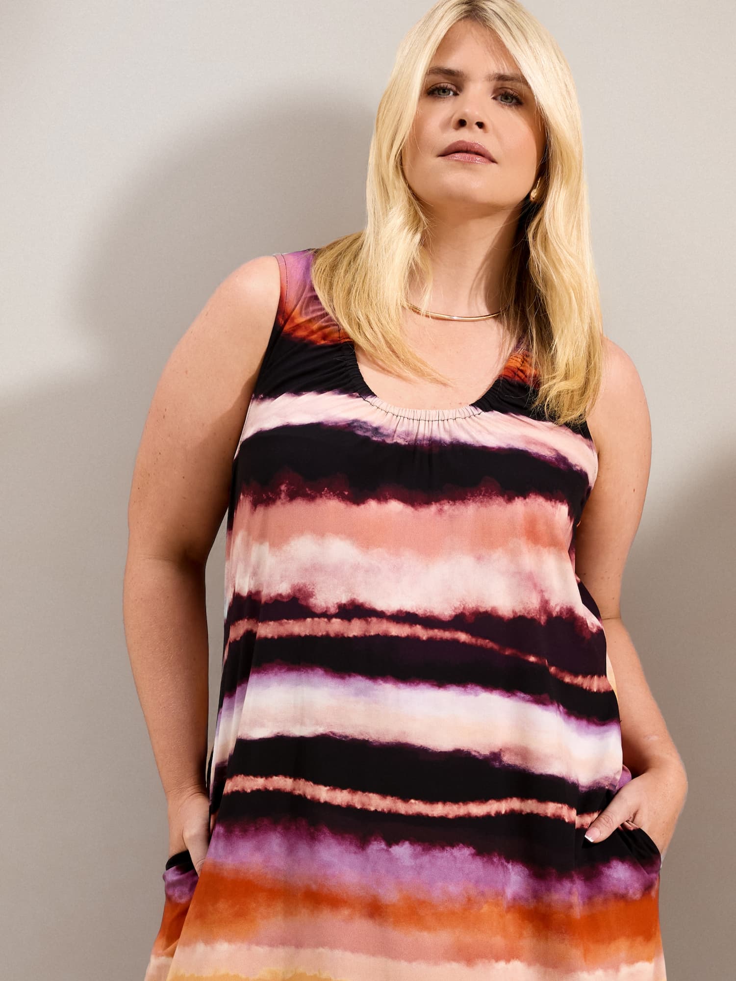 Abstract Multi Stripe Scoop Neck Maxi Dress