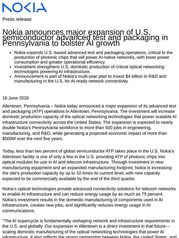 Nokia announces major expansion of U.S. semiconductor advanced test and packaging in Pennsylvania to bolster AI growth